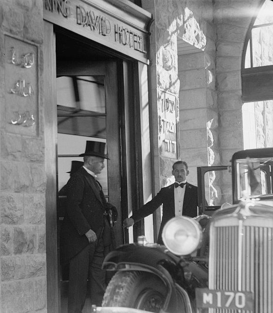 Lord Peel leaving the King David hotel in Jerusalem for the beginning of the Peel Commission's hearings
