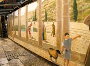 The Siloam Pool as it looked during the Second Temple period, as seen from the northern side of the pool. This artist’s impression is located in situ, exactly where an observer would have stood to get this perspective