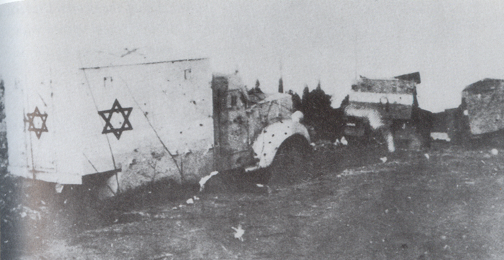 Aftermath of the attack on the Hadassah convoy, in which Dr. Haim Yassky was killed