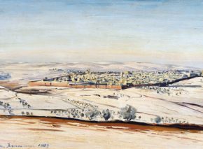 ירושלים בשלג. שמן על בד, מ״ס 41 x 61; ישראל, 1927; אוסף פרטי