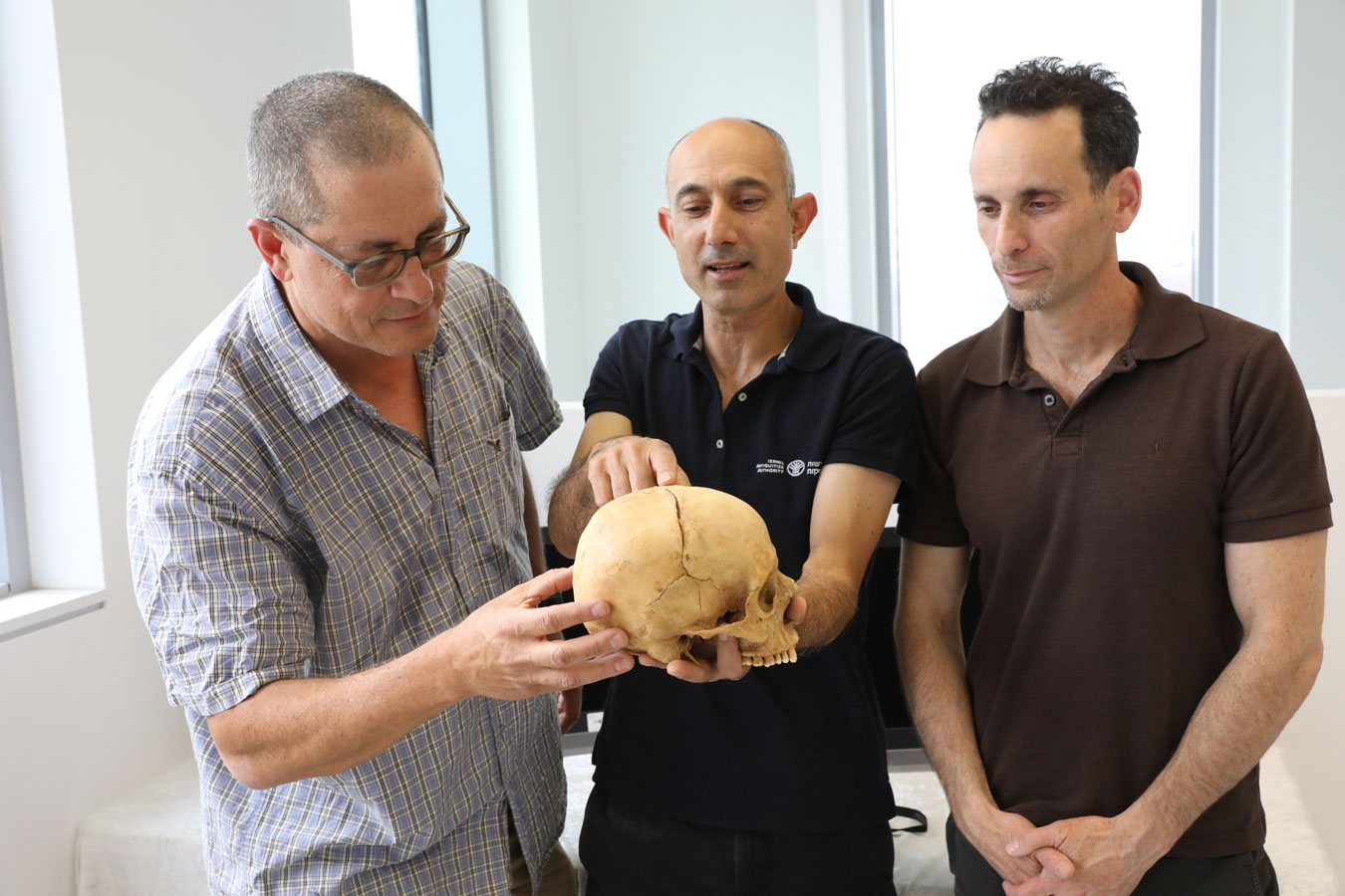 נקמה במערה
צילום: חן גלילי אוניברסיטת תל אביב החופרים פרופ' זיסו, ד"ר נגר וד"ר כהן עם הגולגולת