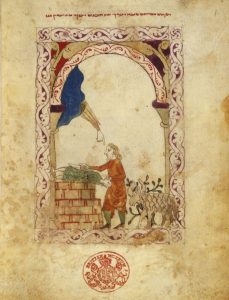 Life and death in the hands of the Almighty. God reaches down from heaven to stay the hand of Abraham, raised to smite his son Isaac upon the altar. Hispano-Moresque Haggada, circa1300, central Spain; among the earliest known illustrated haggadas 