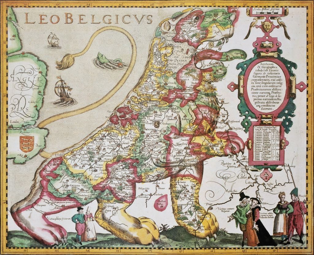 The rulers of seven provinces united to throw off the yoke of Spanish dominion. Map in the shape of the Leo Belgicus, the lion of the Low Countries – surrounded by the region’s leaders
