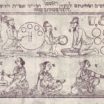 Illustration of the laws of grinding wheat and baking matza on Pesach, captioned in Marathi script as well as Hebrew, from the Poona Haggada, India, 1874 Illustration of the laws of grinding wheat and baking matza on Pesach, captioned in Marathi script as well as Hebrew, from the Poona Haggada, India, 1874